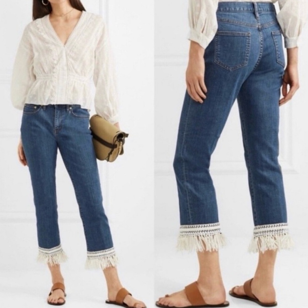 Tory Burch NWT Connor Fringe-trimmed Straight Crop Jeans In Stonewash